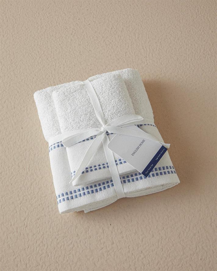 Set 2 prosoape, Lega, bumbac, 50x80+30x45 cm, ecru-albastru