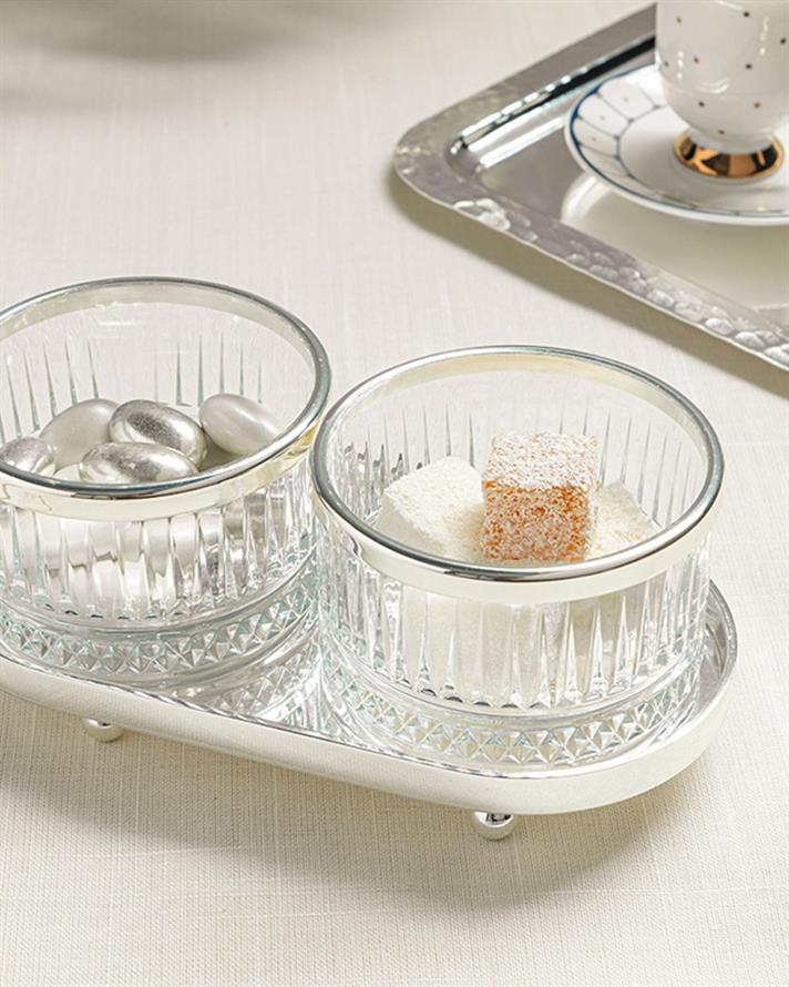 Set 2 sosiere cu suport, Mery, placat cu argint, 20x10 cm, argintiu