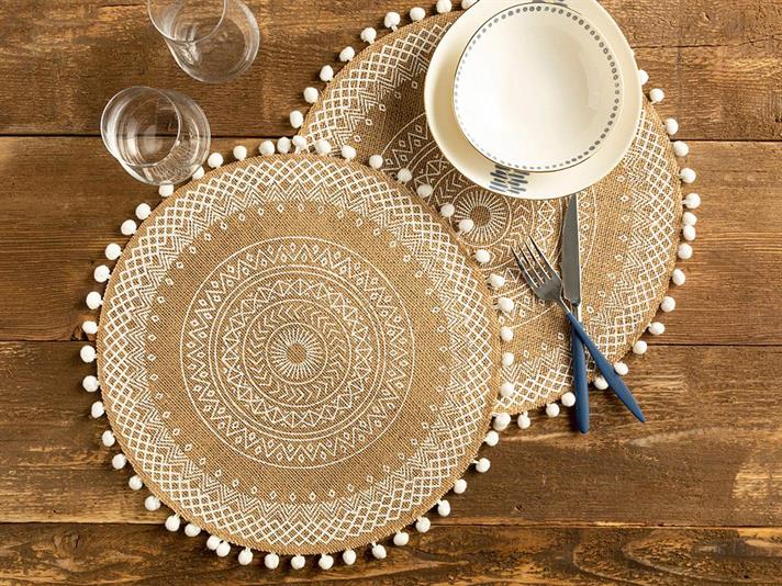Pompon Jute 2 Set Place Mat 38 cm White