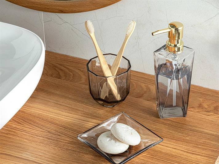 Set 3 accesorii de baie, Andrea, sticlă, 9x8x20 + 9x9 + 11,5x2 cm, transparent