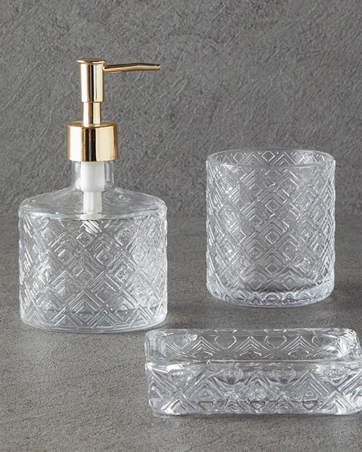 Set 3 accesorii de baie, Deluxe, sticlă, 8,5x11 + 12,5x3 + 8,5x13,5  cm, transparent