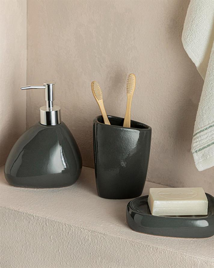 Set 3 accesorii de baie, Gusto, dolomită, 9x9x13 + 9x9x11 + 13x13x2 cm, antracit