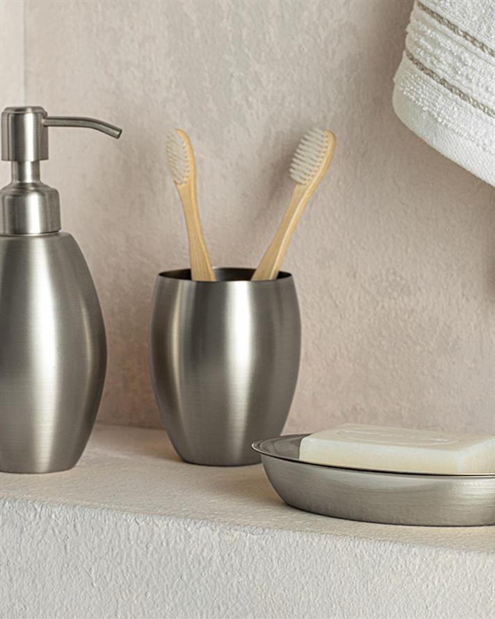 Set 3 accesorii de baie, Mirrory, oțel inoxidabil, 7x6,3x11,7 + 7x6,3x10,2 + 10,3 cm, argintiu