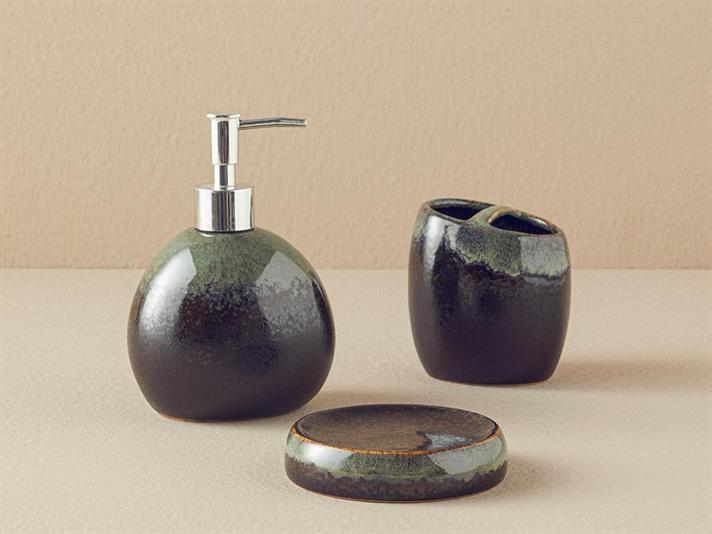 Set 3 accesorii de baie, Nora, ceramică, 12x16 + 9,5x10 + 11,5x2,5 cm, gri