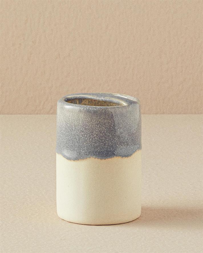 Set 3 accesorii de baie, Renne, ceramică, 11x15 + 7,5x10,5 + 11x2,5 cm, ecru - bleu