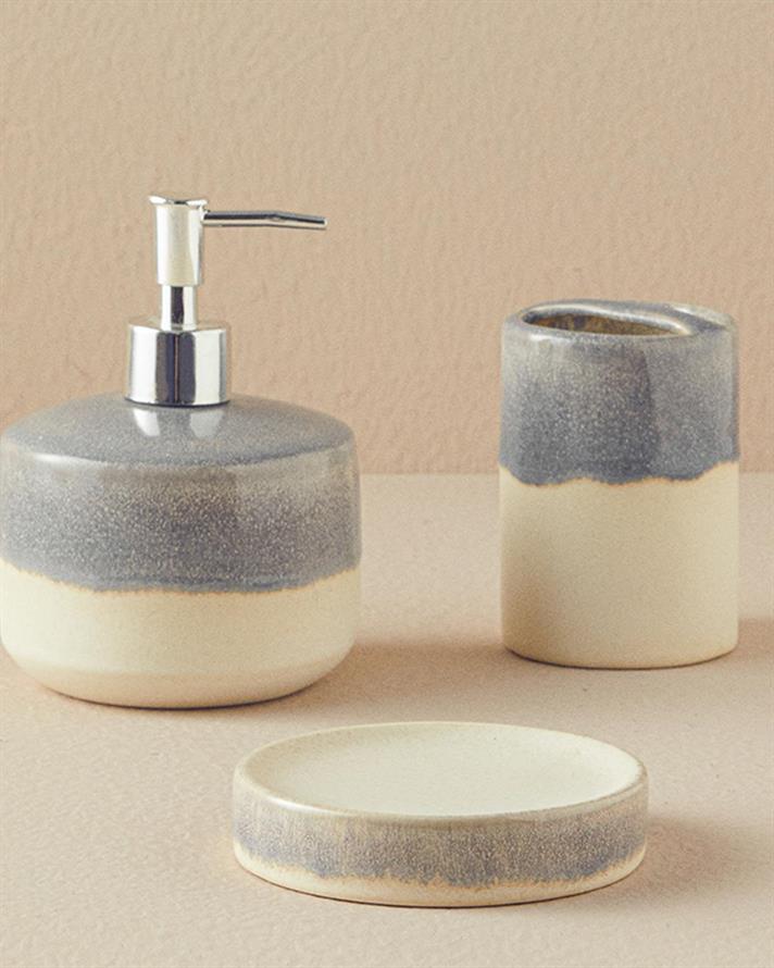 Set 3 accesorii de baie, Renne, ceramică, 11x15 + 7,5x10,5 + 11x2,5 cm, ecru - bleu