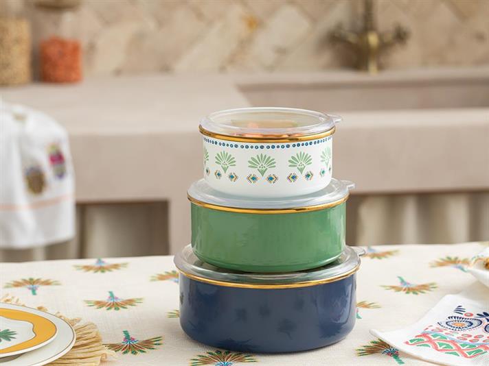 Set 3 caserole cu capac, Exotic Square, email, 12-14-16 cm, verde