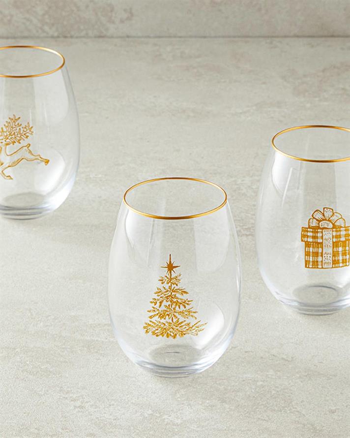 Set 3 pahare pentru băuturi răcoritoare, Christmas Match, sticlă, 350 ml, auriu