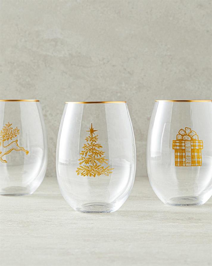 Set 3 pahare pentru băuturi răcoritoare, Christmas Match, sticlă, 350 ml, auriu