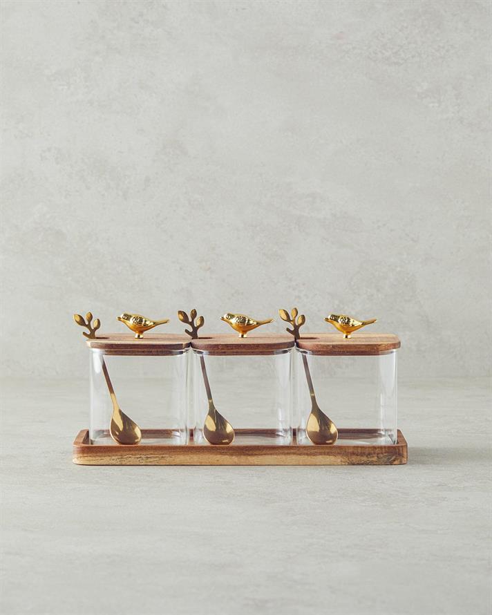 Set 3 recipiente pentru condimente cu lingurițe și suport , Wild Wood, sticlă borosilicată, 30 cm, maro