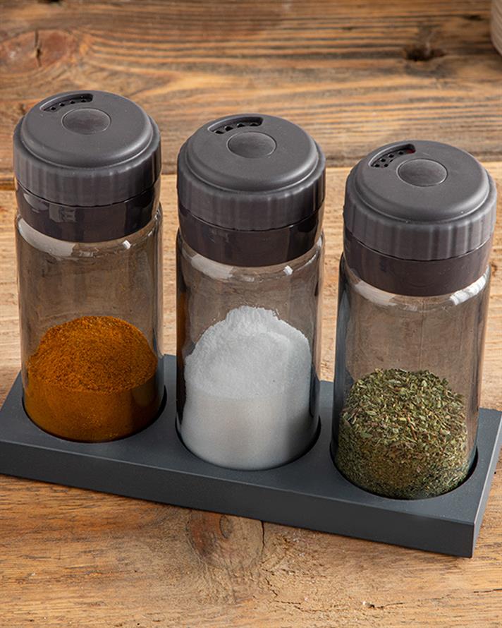 Set 3 recipiente pentru condimente cu suport, Greta, sticlă, 245 ml, antracit