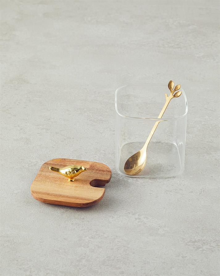 Set 3 recipiente pentru condimente cu lingurițe și suport , Wild Wood, sticlă borosilicată, 30 cm, maro