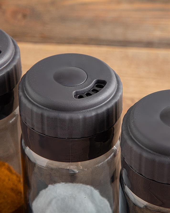 Set 3 recipiente pentru condimente cu suport, Greta, sticlă, 245 ml, antracit