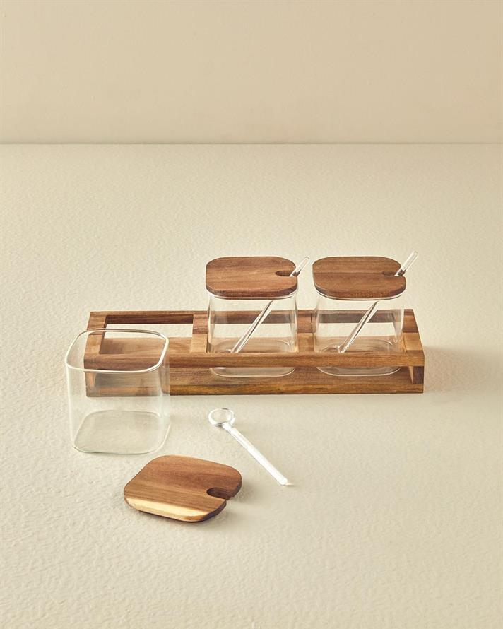 Woodland Borosilicate With Wooden Stand and Spoon Cruet 30 cm Transparent