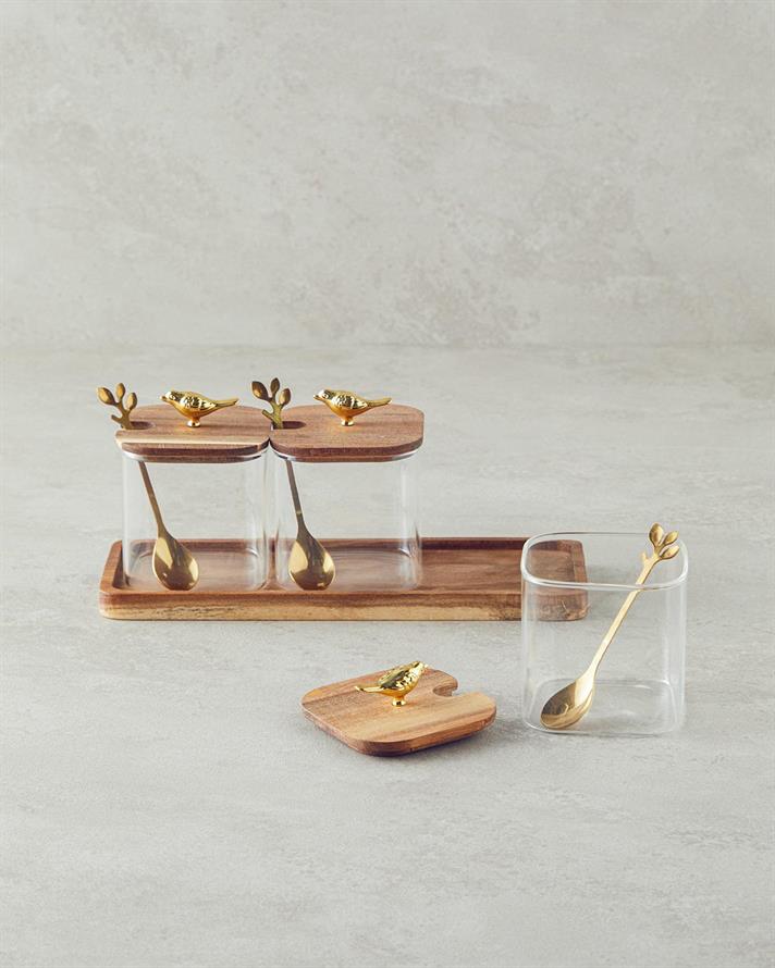 Set 3 recipiente pentru condimente cu lingurițe și suport , Wild Wood, sticlă borosilicată, 30 cm, maro