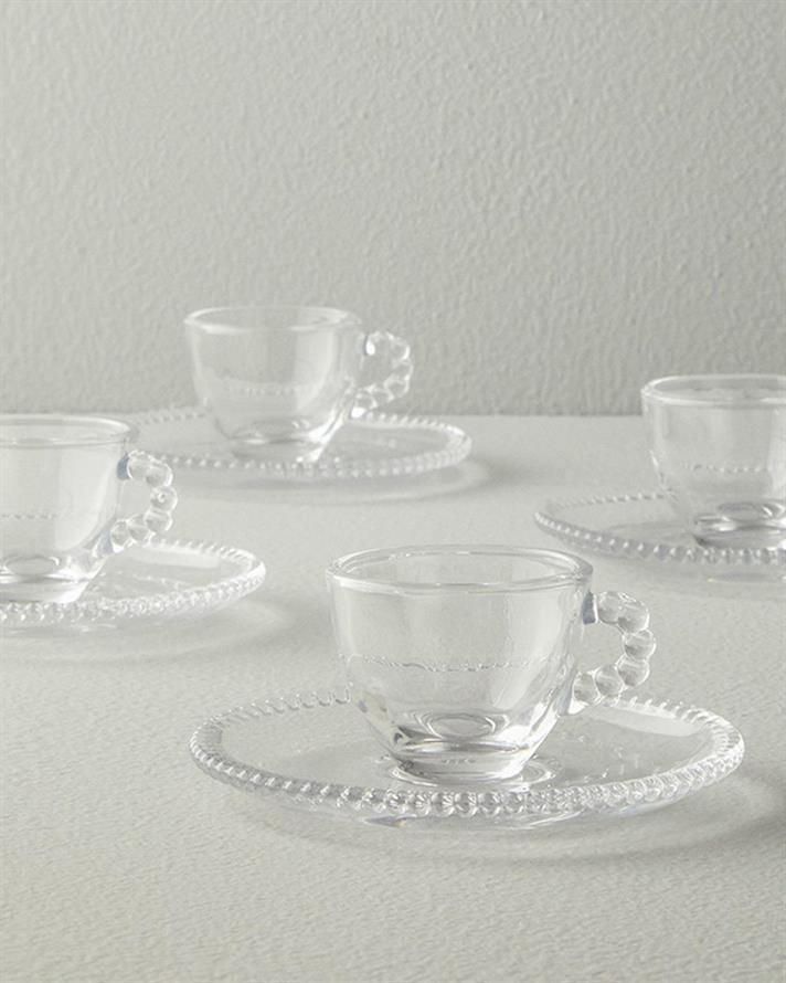 Set 4 cesti de cafea cu farfurioara, Balloon, sticla, 65 ml, transparent