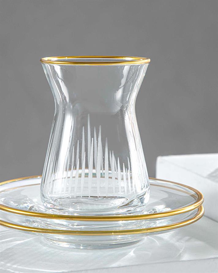 Set 4 pahare de ceai cu farfurie, Zett, sticlă, 130 ml, transparent-auriu