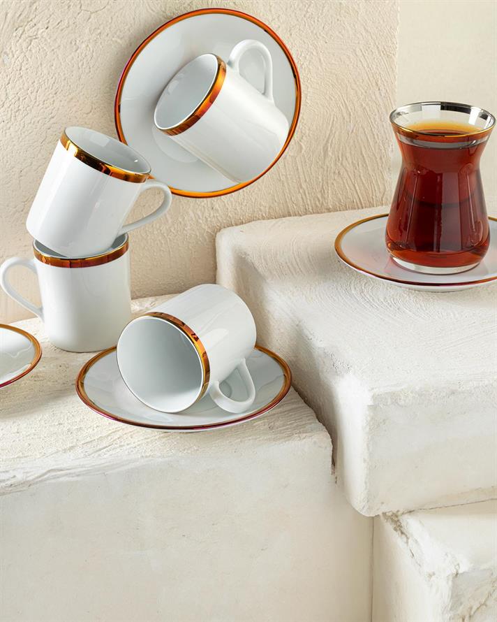 Set 6 Cesti De Cafea Cu Farfurii, 6 Pahare De Ceai, Bovia, 18 Piese, Portelan, 100-130 Ml, Aramiu