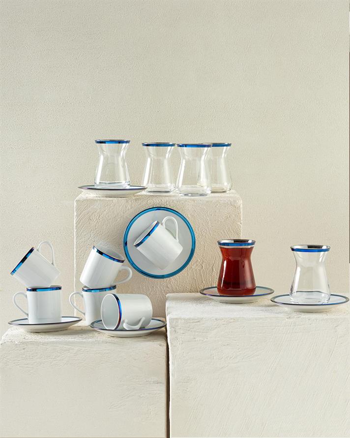 Set 6 Cesti De Cafea Cu Farfurii, 6 Pahare De Ceai, Bovia, 18 Piese, Portelan, 100-130 Ml, Albastru