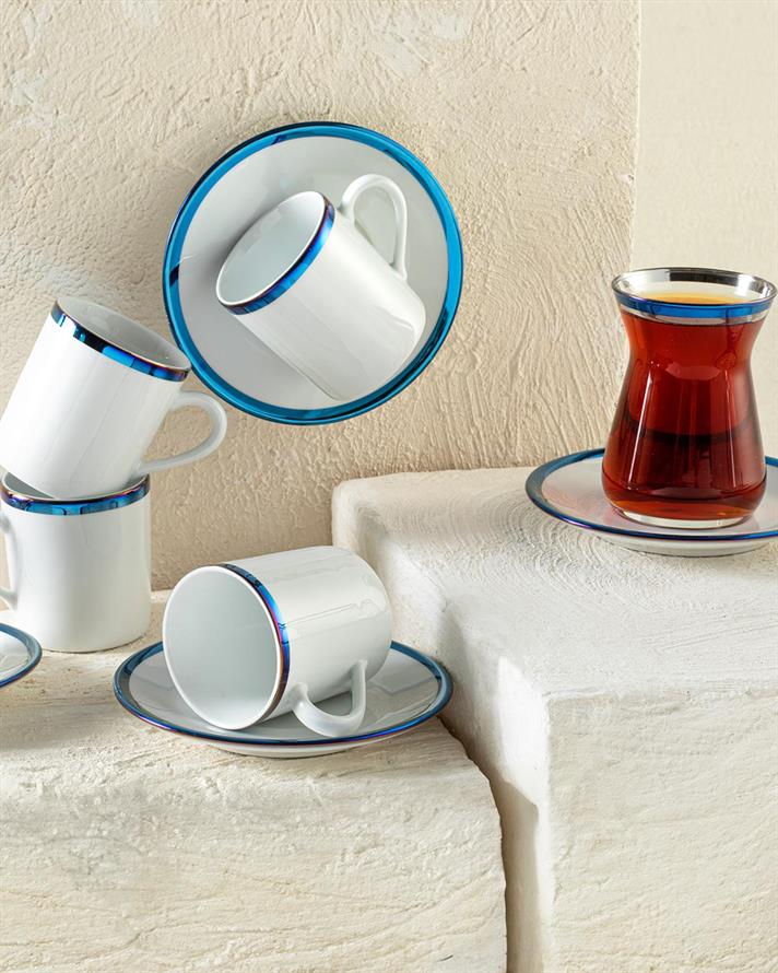 Set 6 Cesti De Cafea Cu Farfurii, 6 Pahare De Ceai, Bovia, 18 Piese, Portelan, 100-130 Ml, Albastru