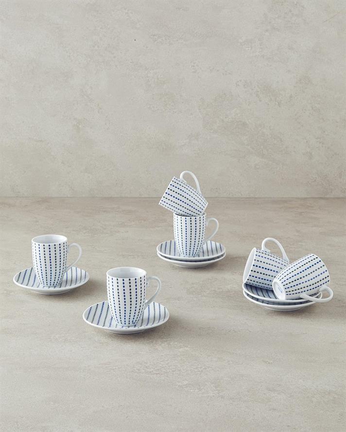 Set 6 cesti de cafea cu farfurioara, Lena, portelan, 80 ml, bleu-verde