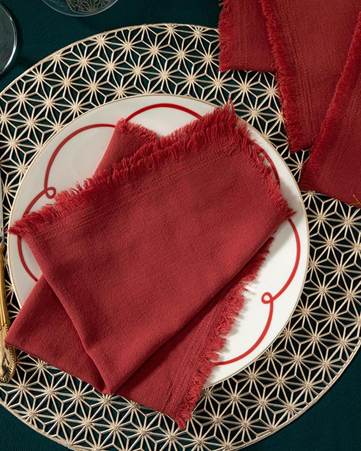 Smooth Fringes Cotton 6 Set Guest Napkins 40x40 cm Claret Red