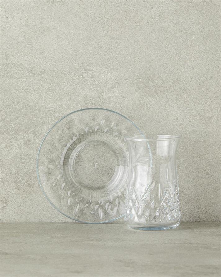 Set 6 pahare de ceai cu farfurie, Aura, sticlă, 170 ml, transparent