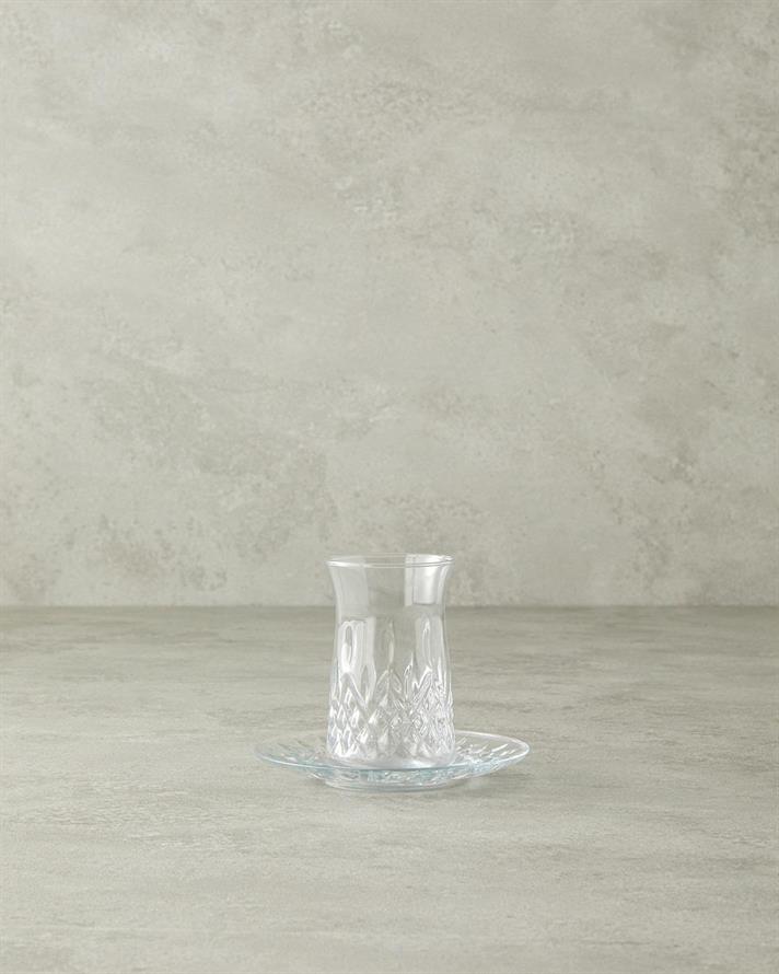 Set 6 pahare de ceai cu farfurie, Aura, sticlă, 170 ml, transparent
