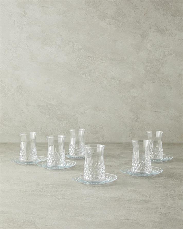 Set 6 pahare de ceai cu farfurie, Aura, sticlă, 170 ml, transparent