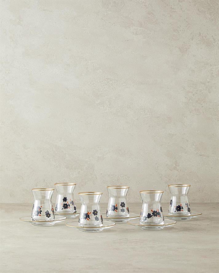 Set 6 pahare de ceai cu farfurie, Boheme, sticlă, 130 ml, transparent-negru