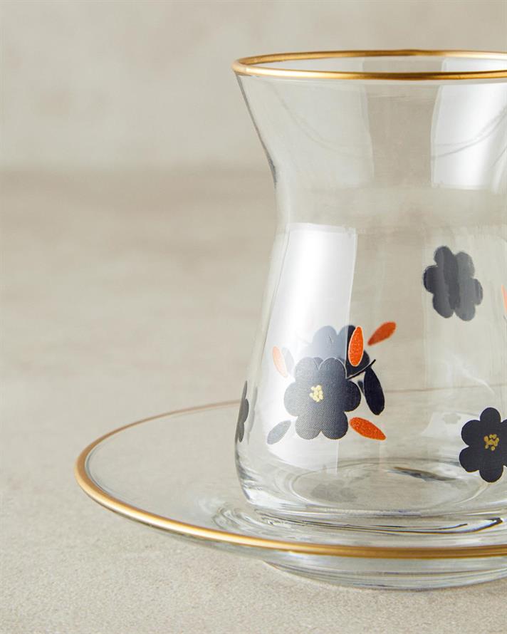 Set 6 pahare de ceai cu farfurie, Boheme, sticlă, 130 ml, transparent-negru