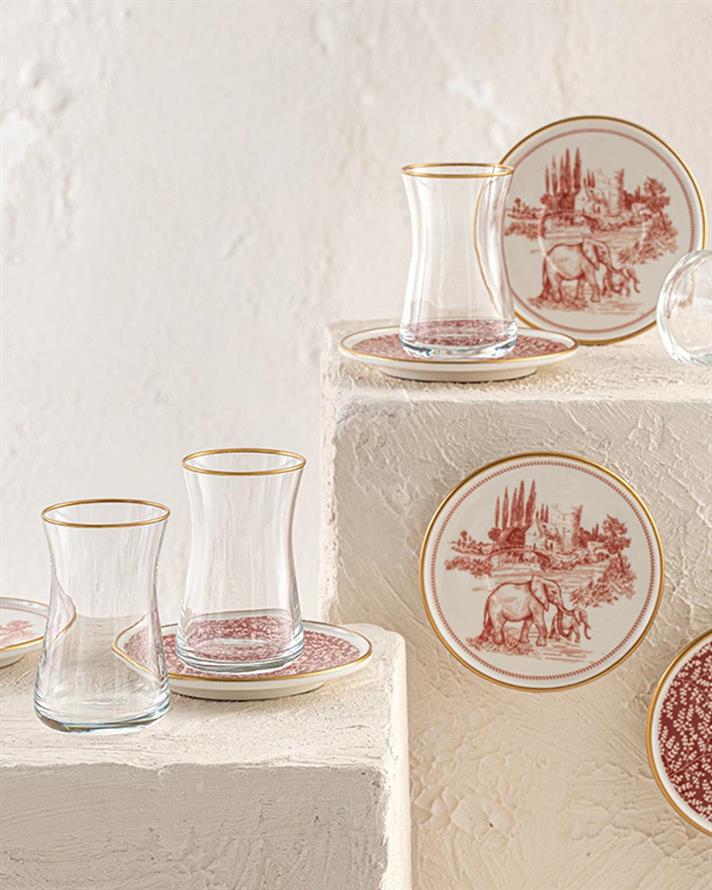 Set 6 pahare de ceai cu farfurie, Elephant, porțelan, 160 ml, roșu