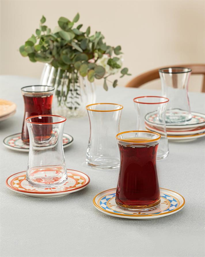 Set 6 pahare de ceai cu farfurie, Etnik, porțelan, 160 ml, multicolor