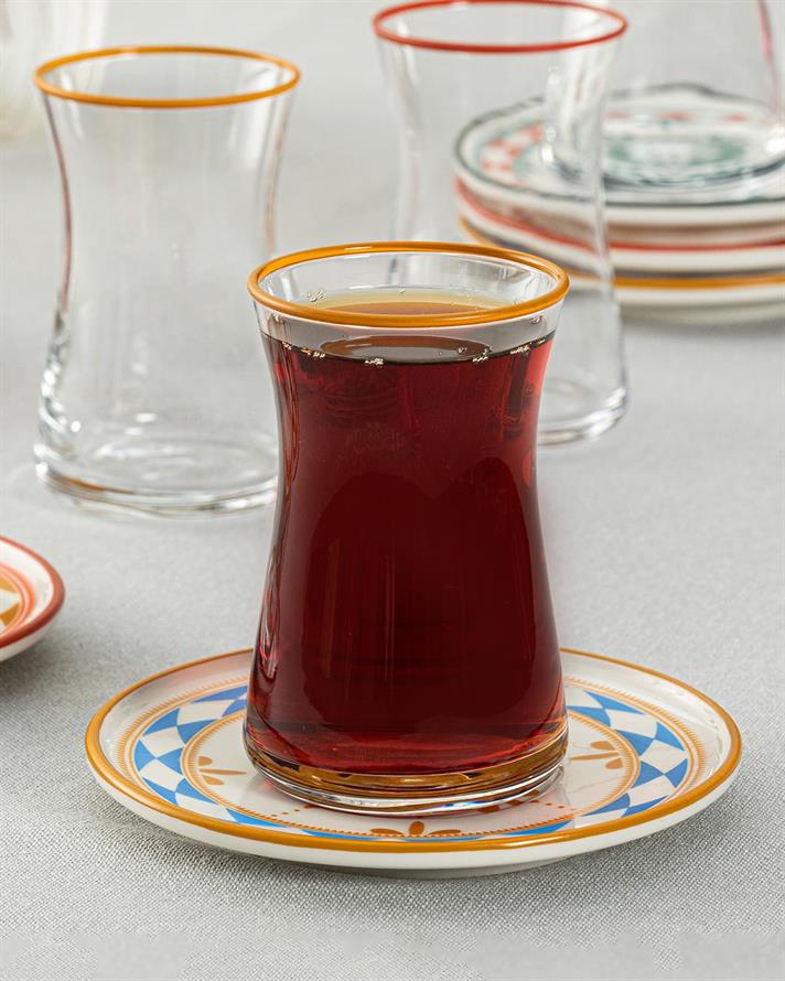 Set 6 pahare de ceai cu farfurie, Etnik, porțelan, 160 ml, multicolor