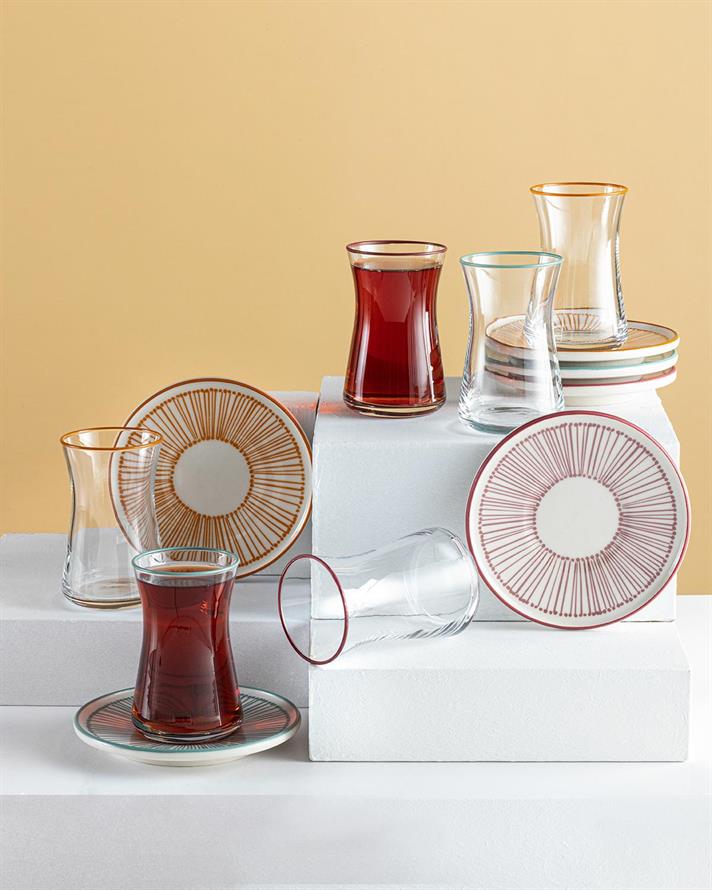 Set 6 pahare de ceai cu farfurie, Linette, porțelan, 160 ml, multicolor