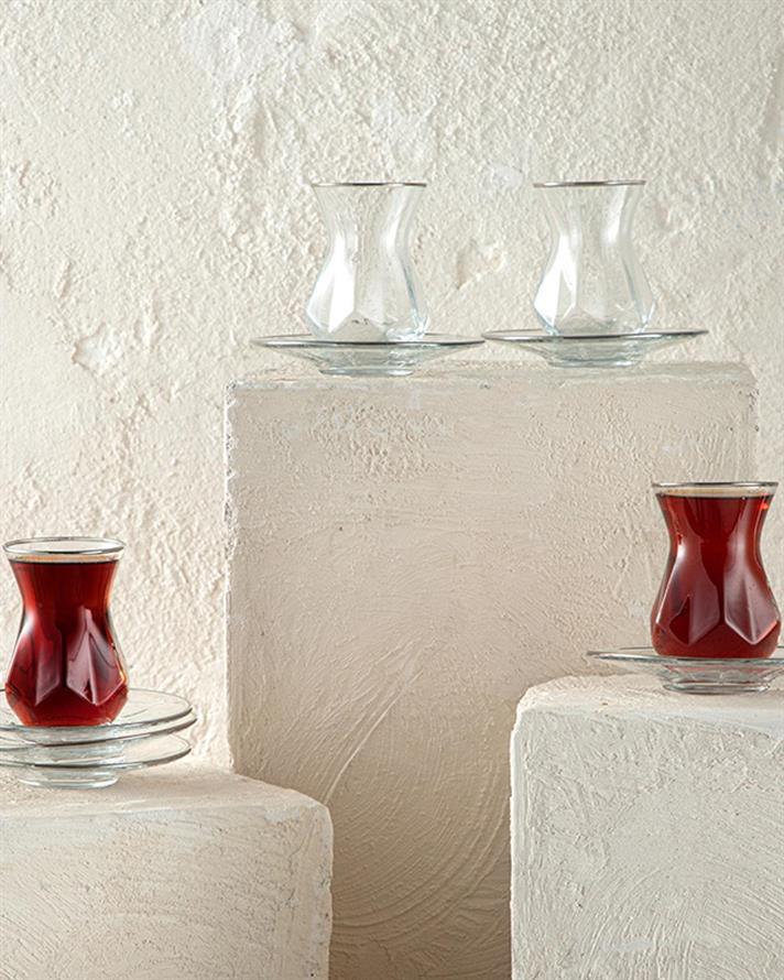 Set 6 pahare de ceai cu farfurie, Ritz, sticlă, 165 ml, argintiu