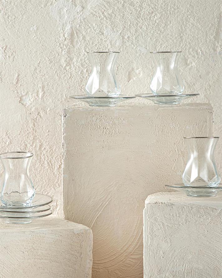 Set 6 pahare de ceai cu farfurie, Ritz, sticlă, 165 ml, argintiu