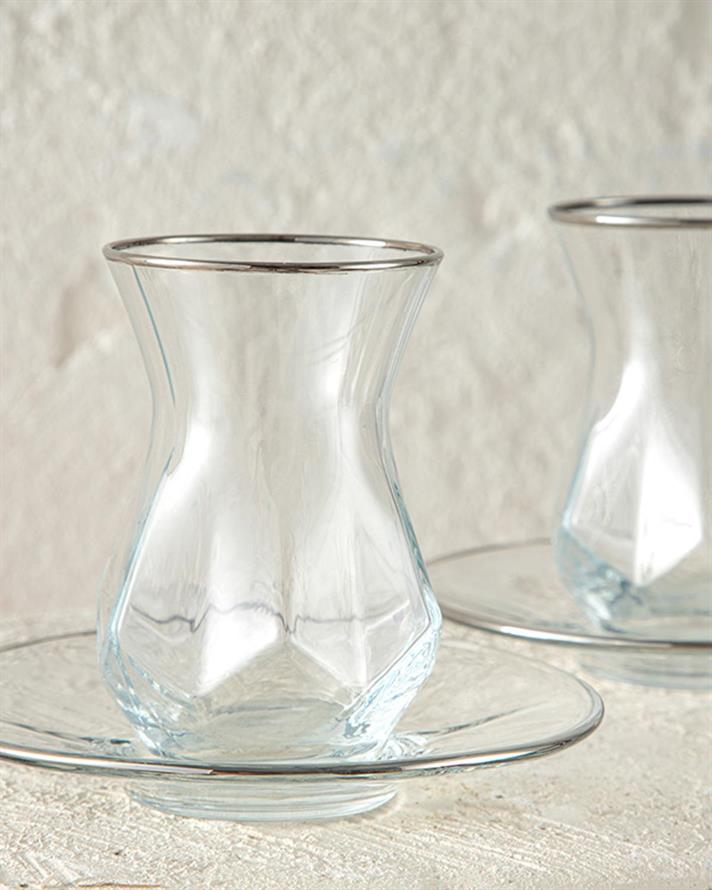 Set 6 pahare de ceai cu farfurie, Ritz, sticlă, 165 ml, argintiu