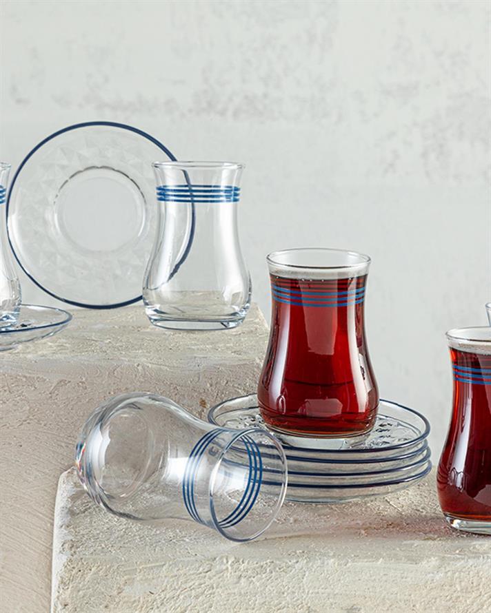 Set 6 pahare de ceai cu farfurie, Thin Stripes, sticlă, 170 ml, bleu