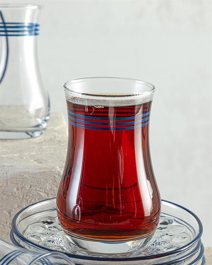 Set 6 pahare de ceai cu farfurie, Thin Stripes, sticlă, 170 ml, bleu