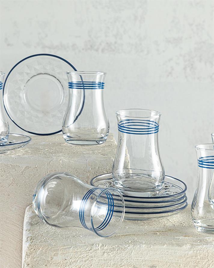 Set 6 pahare de ceai cu farfurie, Thin Stripes, sticlă, 170 ml, bleu