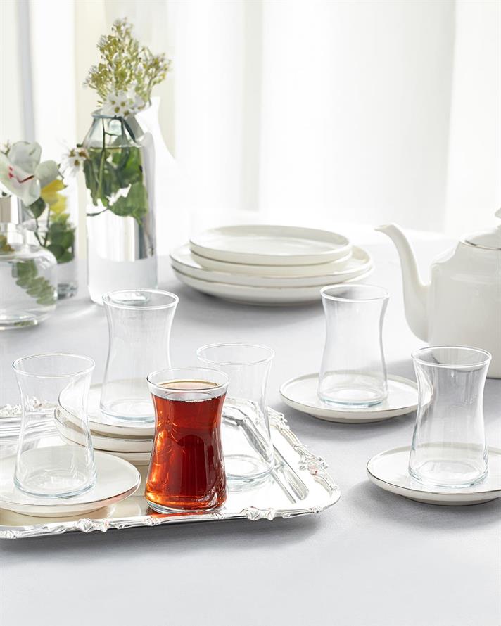 Set 6 pahare de ceai cu farfurie, Torino, porțelan, 160 ml, argintiu