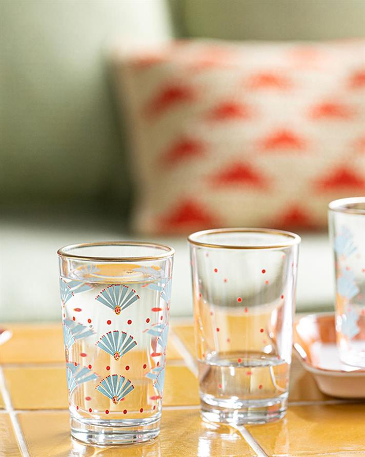 Set 6 Pahare pentru apă, Exotic Art, sticlă, 110 ml, bleu - roz