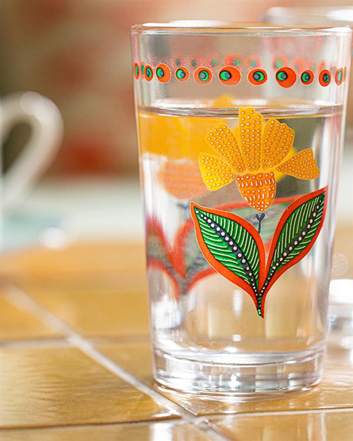 Set 6 Pahare pentru apă, Exotic Flower, sticlă, 110 ml, roz - portocaliu