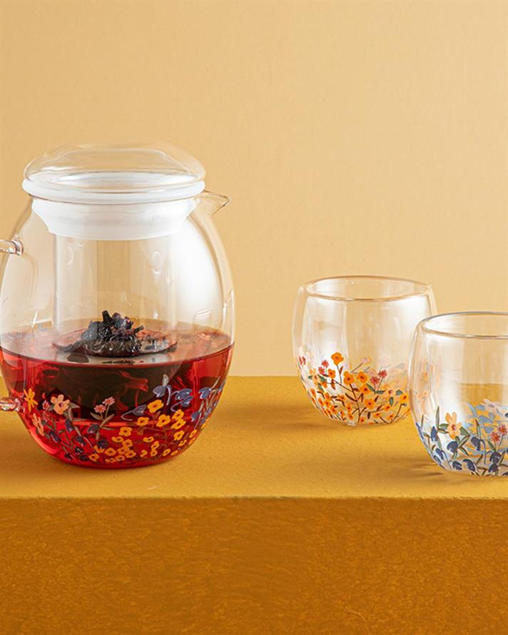 Set ceainic și 2 pahare termo cu perete dublu, Flower Spree, sticlă, 765 ml, multicolor