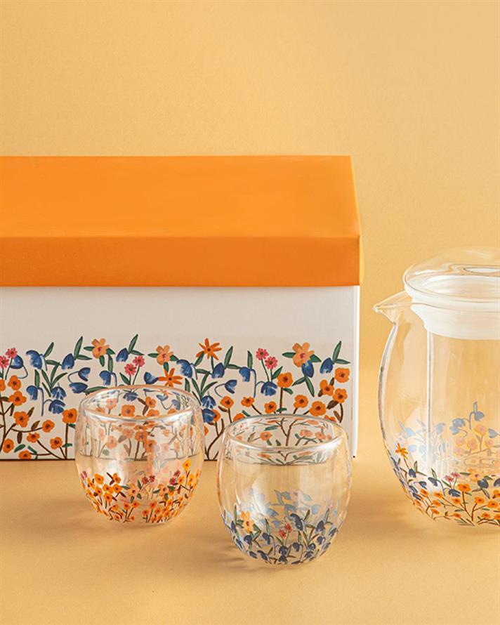 Set ceainic și 2 pahare termo cu perete dublu, Flower Spree, sticlă, 765 ml, multicolor