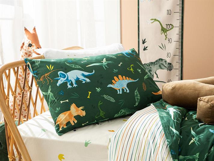 Set complet lenjerie pentru pătuț bebe, Dinosaurs World, 160x220 cm, bumbac, verde