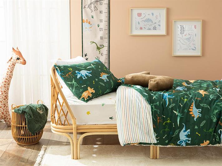 Set complet lenjerie pentru pătuț bebe, Dinosaurs World, 160x220 cm, bumbac, verde