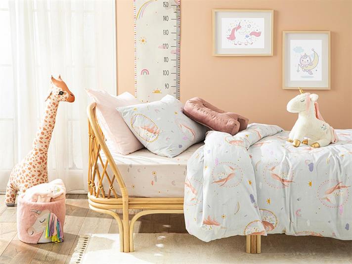 Set complet lenjerie pentru pătuț bebe, Unicorn, 160x220 cm, bumbac, roz
