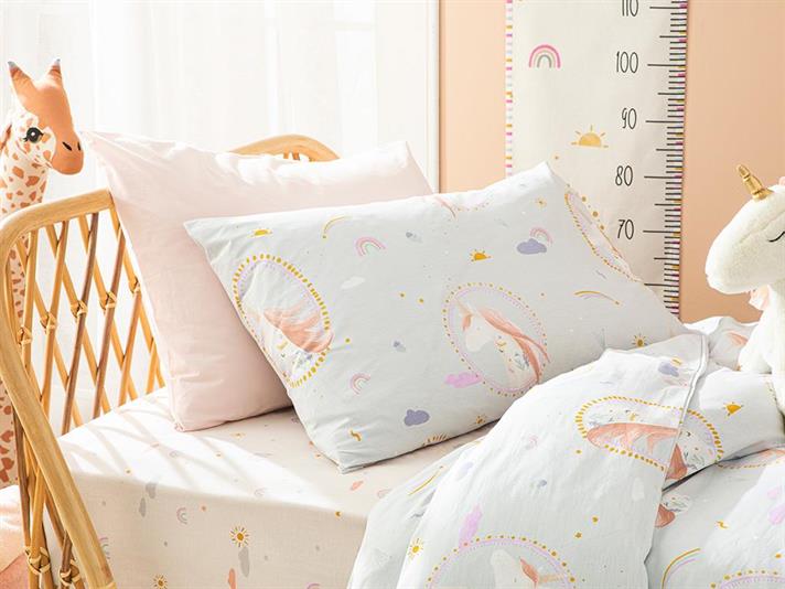 Set complet lenjerie pentru pătuț bebe, Unicorn, 160x220 cm, bumbac, roz
